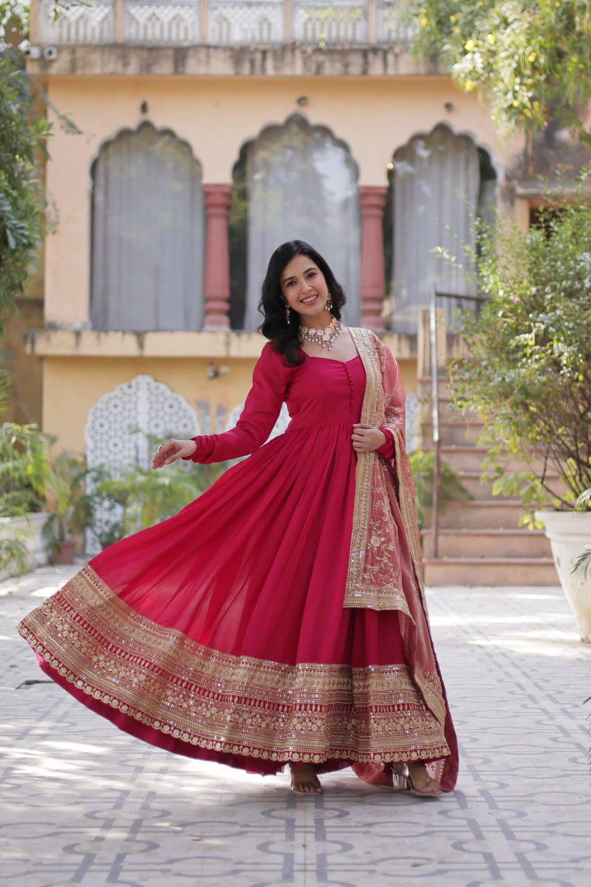 Mesmerizing Pink Color Shimmer Vichitra With Rich Sequins Embroidered Work Designer Gown