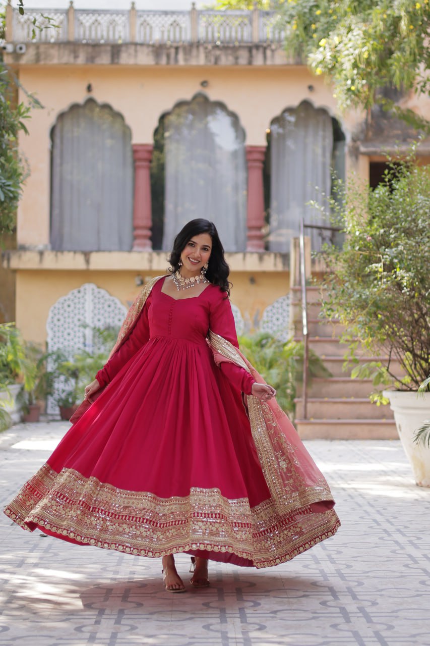 Mesmerizing Pink Color Shimmer Vichitra With Rich Sequins Embroidered Work Designer Gown