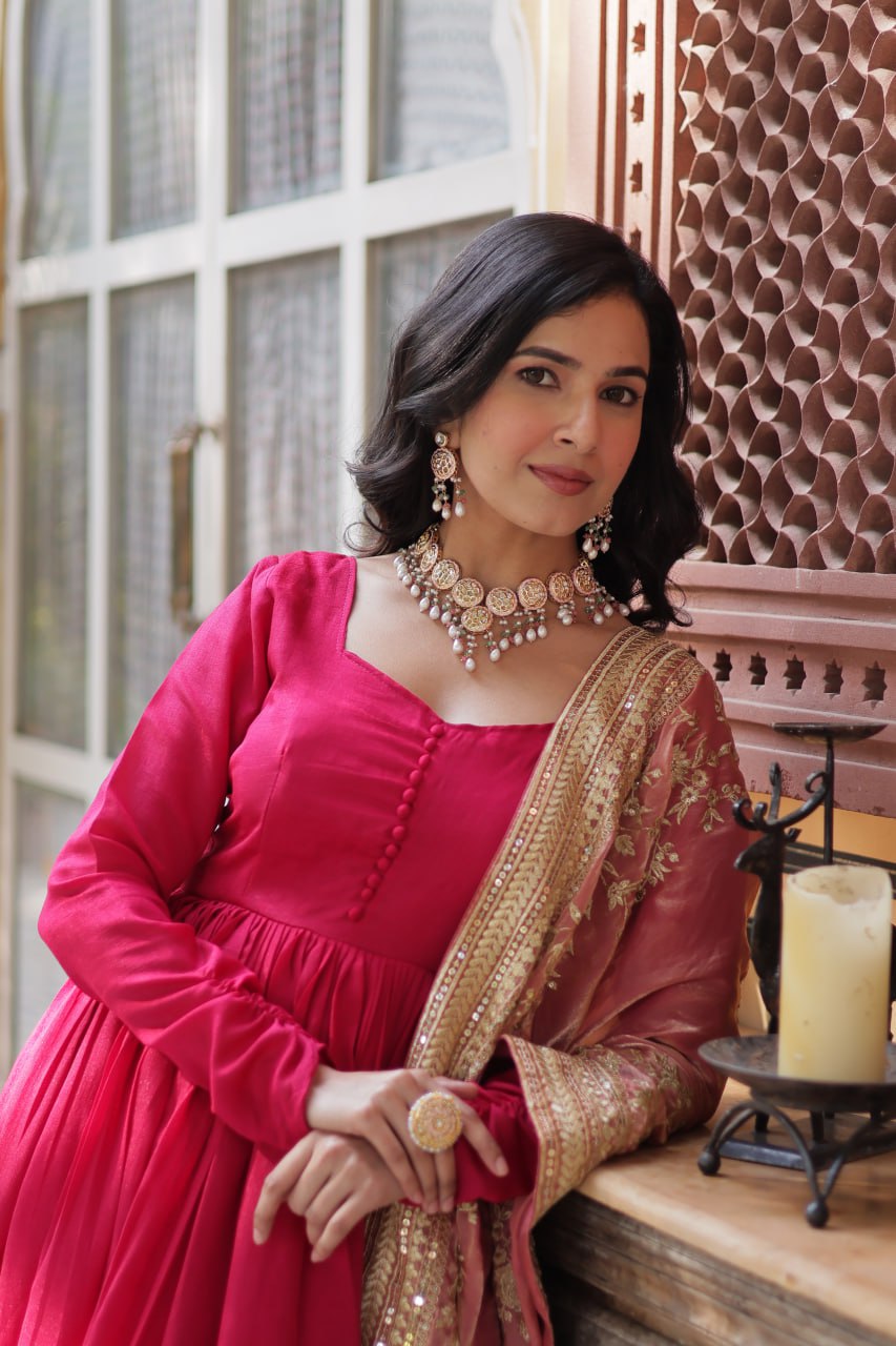 Mesmerizing Pink Color Shimmer Vichitra With Rich Sequins Embroidered Work Designer Gown