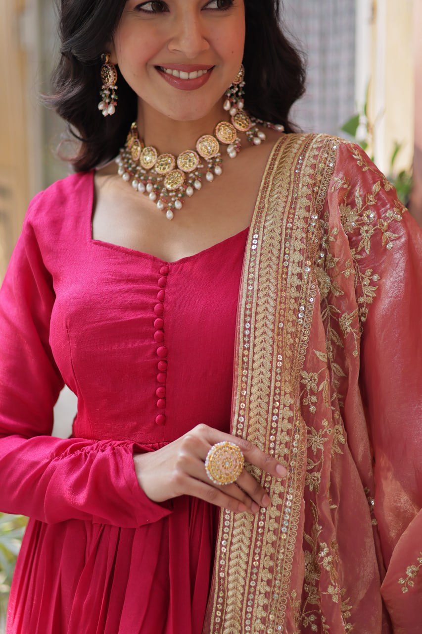 Mesmerizing Pink Color Shimmer Vichitra With Rich Sequins Embroidered Work Designer Gown