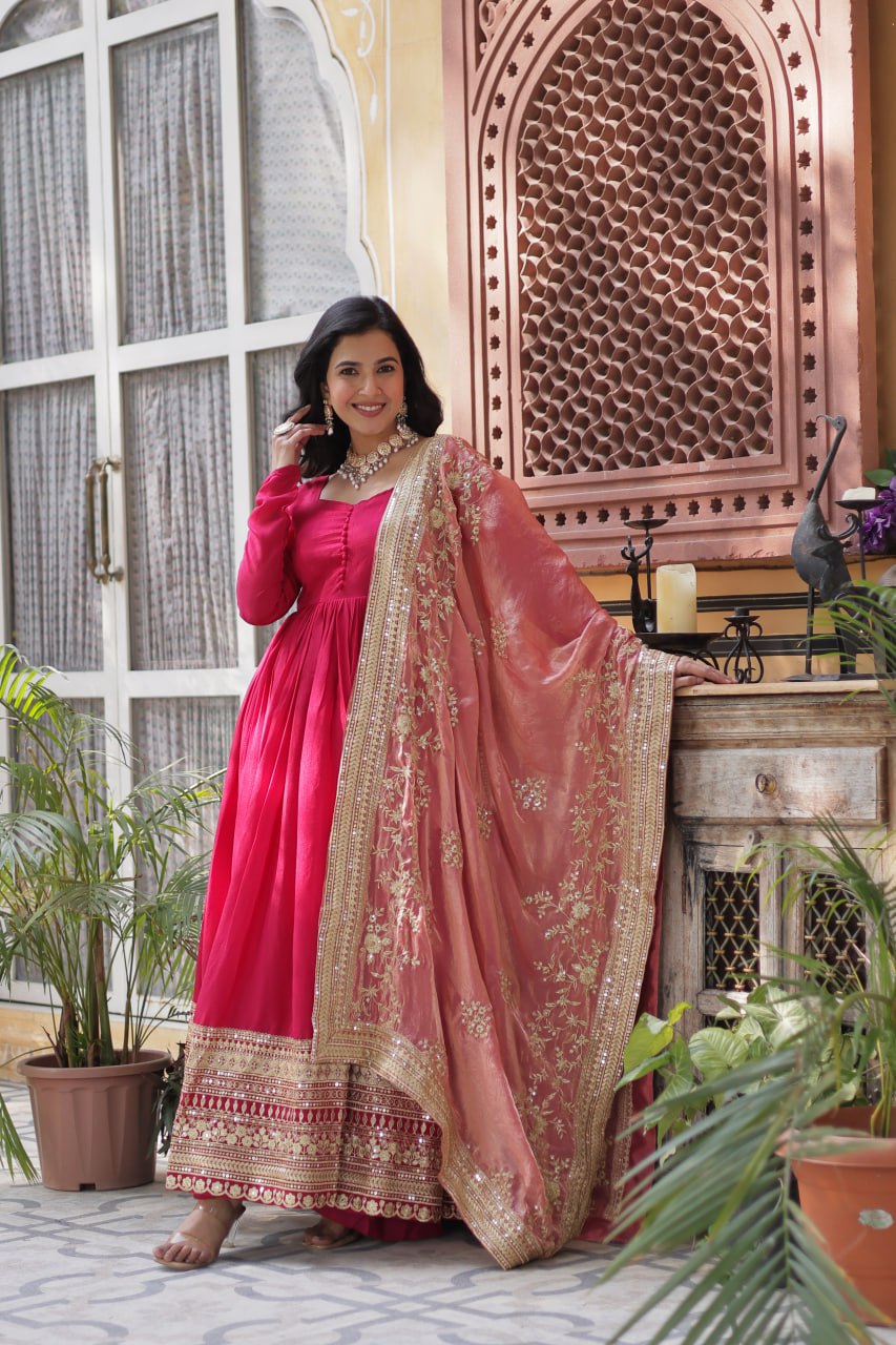 Mesmerizing Pink Color Shimmer Vichitra With Rich Sequins Embroidered Work Designer Gown