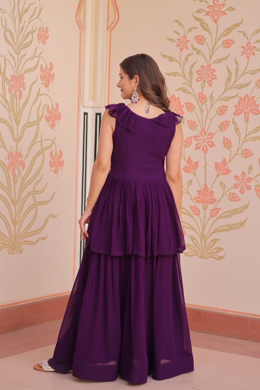 Ravishing Purple Color Faux Blooming With Beads Embroidered Work Gown