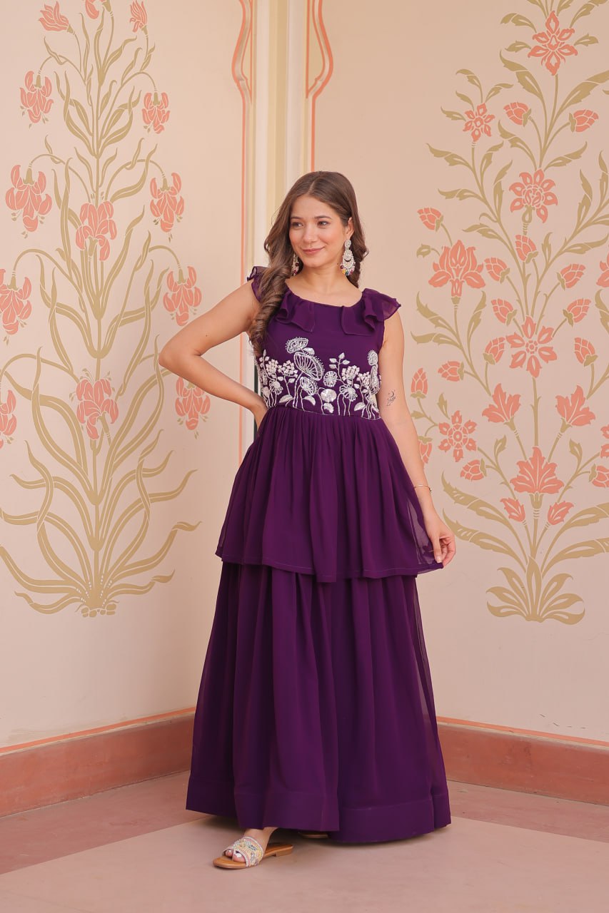 Ravishing Purple Color Faux Blooming With Beads Embroidered Work Gown