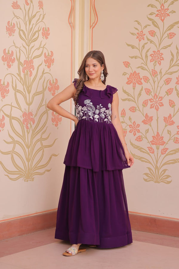 Ravishing Purple Color Faux Blooming With Beads Embroidered Work Gown