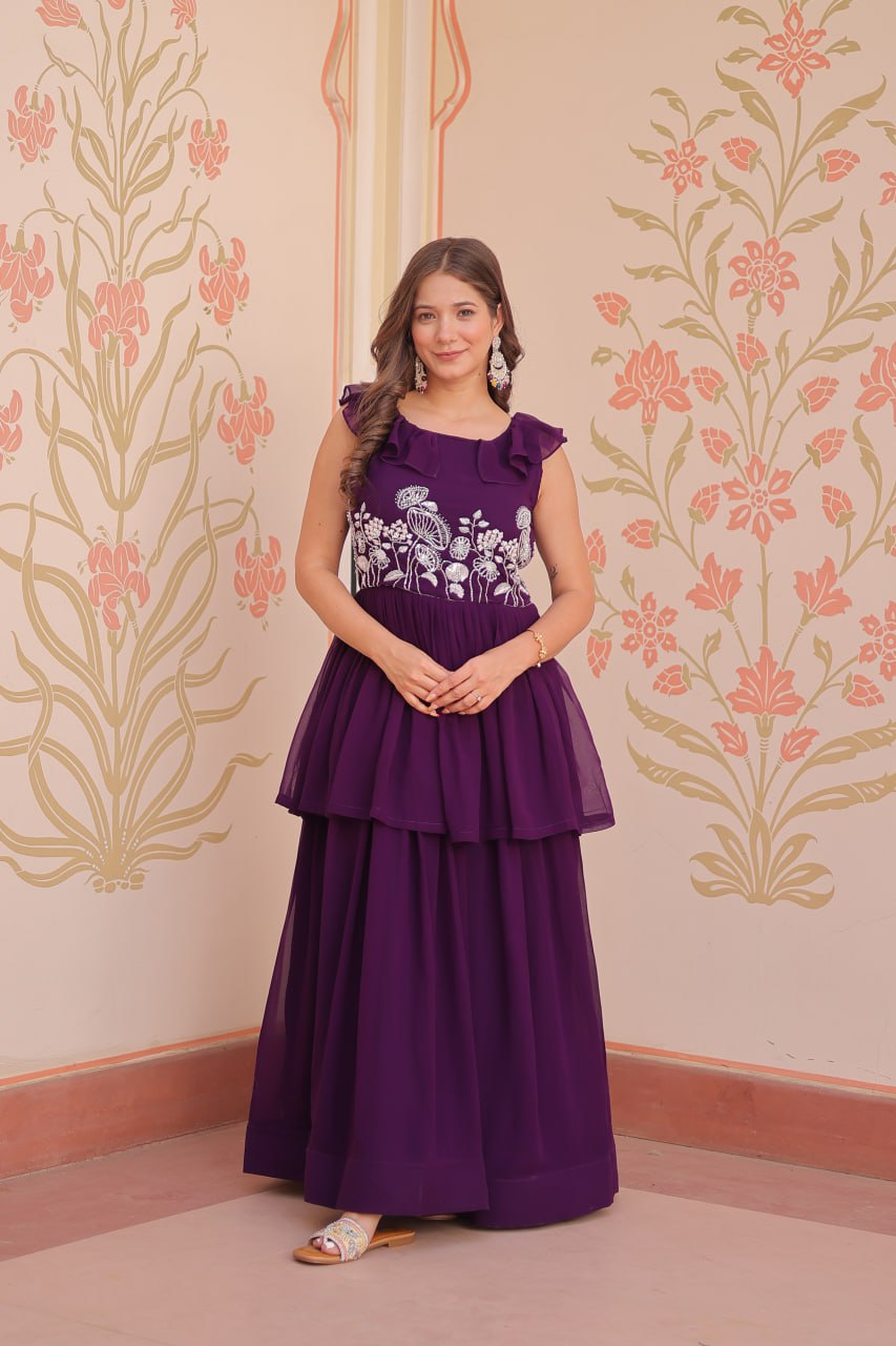 Ravishing Purple Color Faux Blooming With Beads Embroidered Work Gown