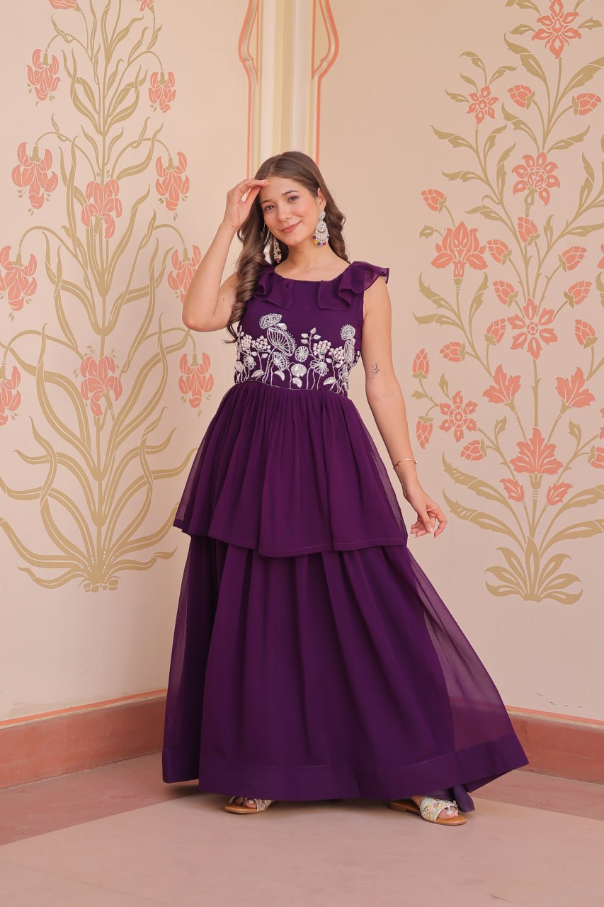 Ravishing Purple Color Faux Blooming With Beads Embroidered Work Gown