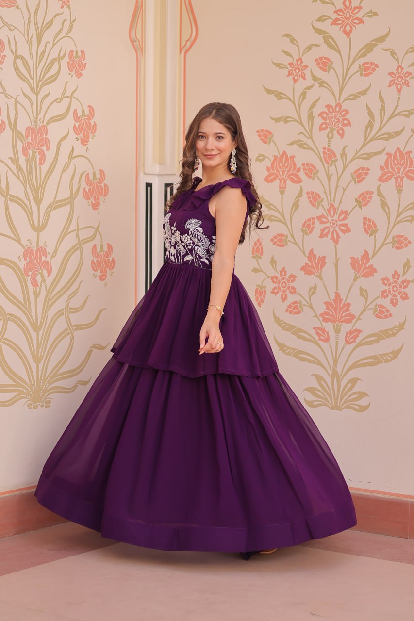 Ravishing Purple Color Faux Blooming With Beads Embroidered Work Gown