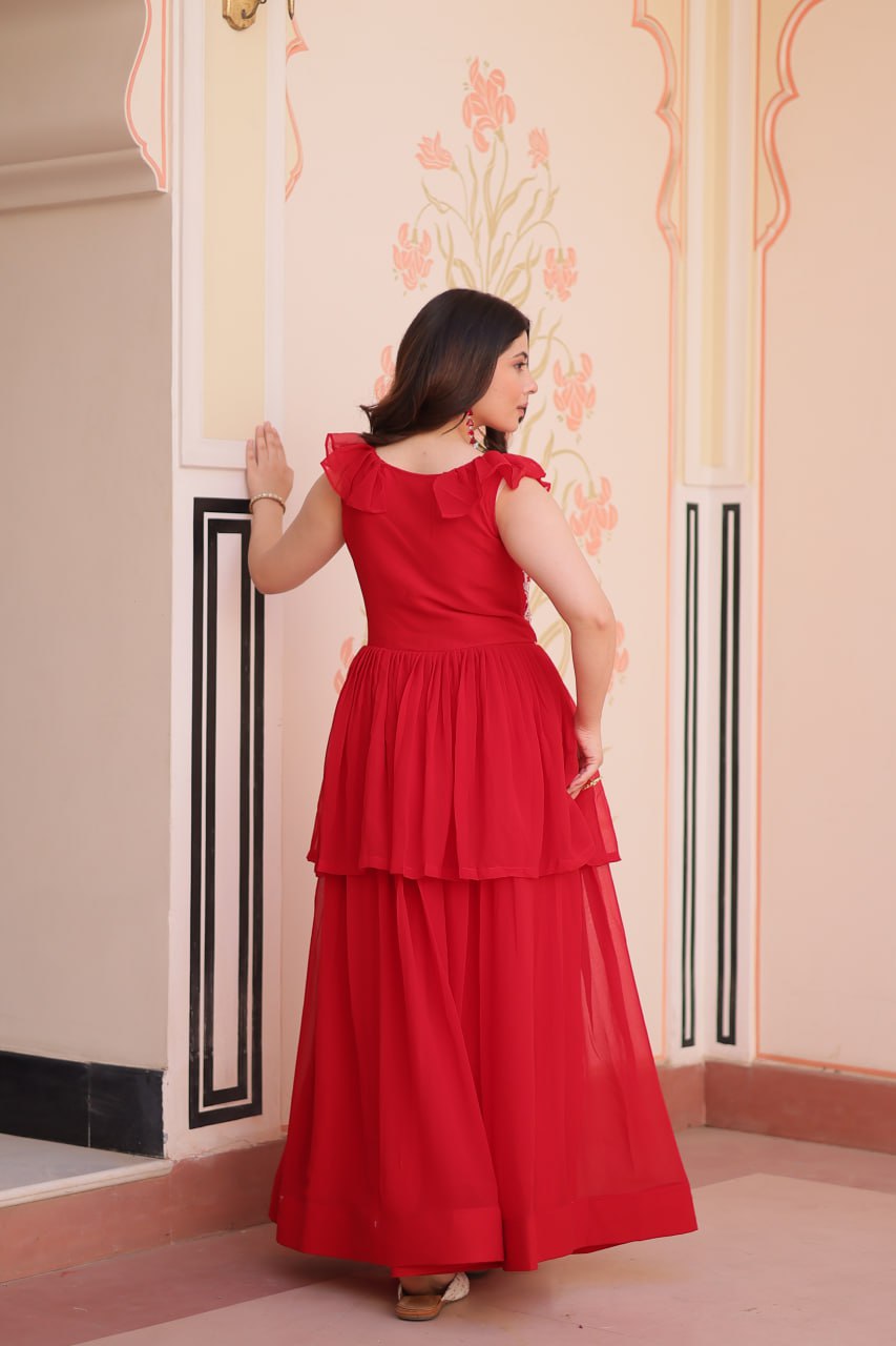 Blissful Red Color Faux Blooming With Beads Embroidered Work Gown