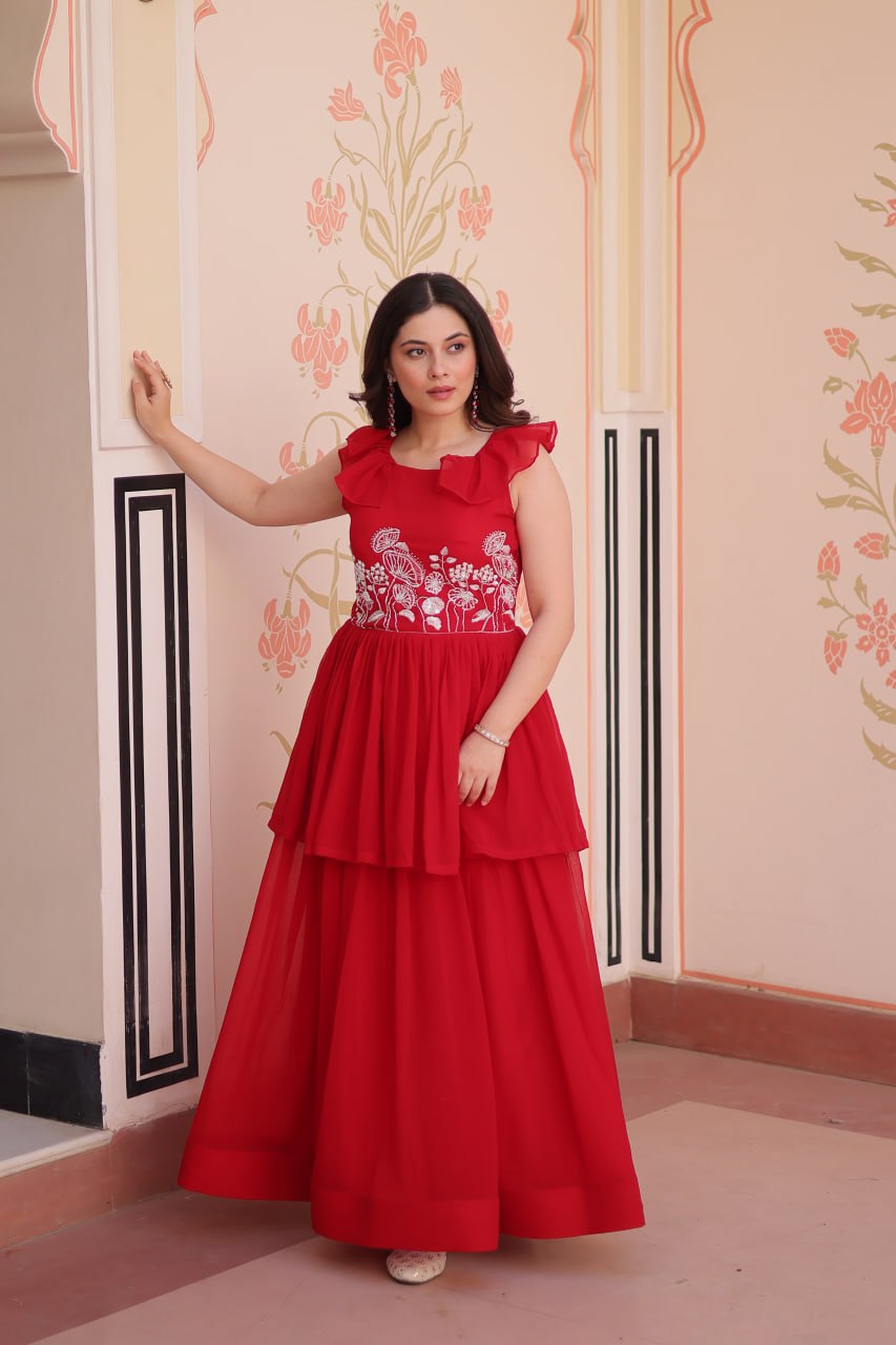 Blissful Red Color Faux Blooming With Beads Embroidered Work Gown