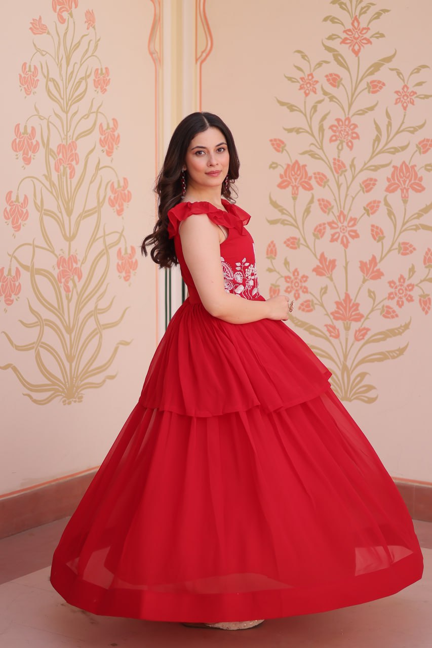 Blissful Red Color Faux Blooming With Beads Embroidered Work Gown