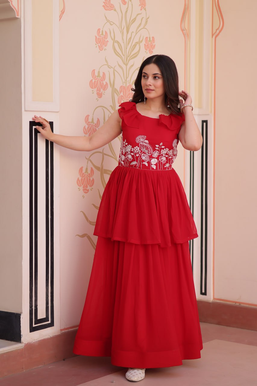 Blissful Red Color Faux Blooming With Beads Embroidered Work Gown