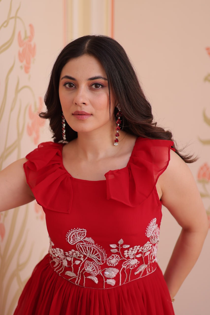 Blissful Red Color Faux Blooming With Beads Embroidered Work Gown