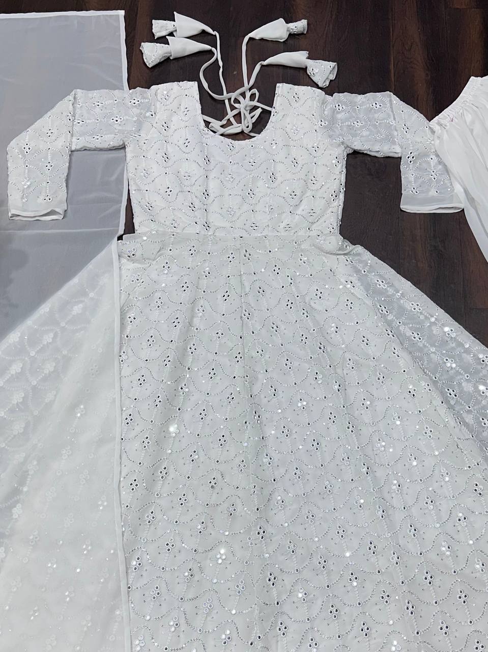 Dazzling White Color Faux Blooming With Heavy Sequins And Thread Embroidered Work Palazzo Suit