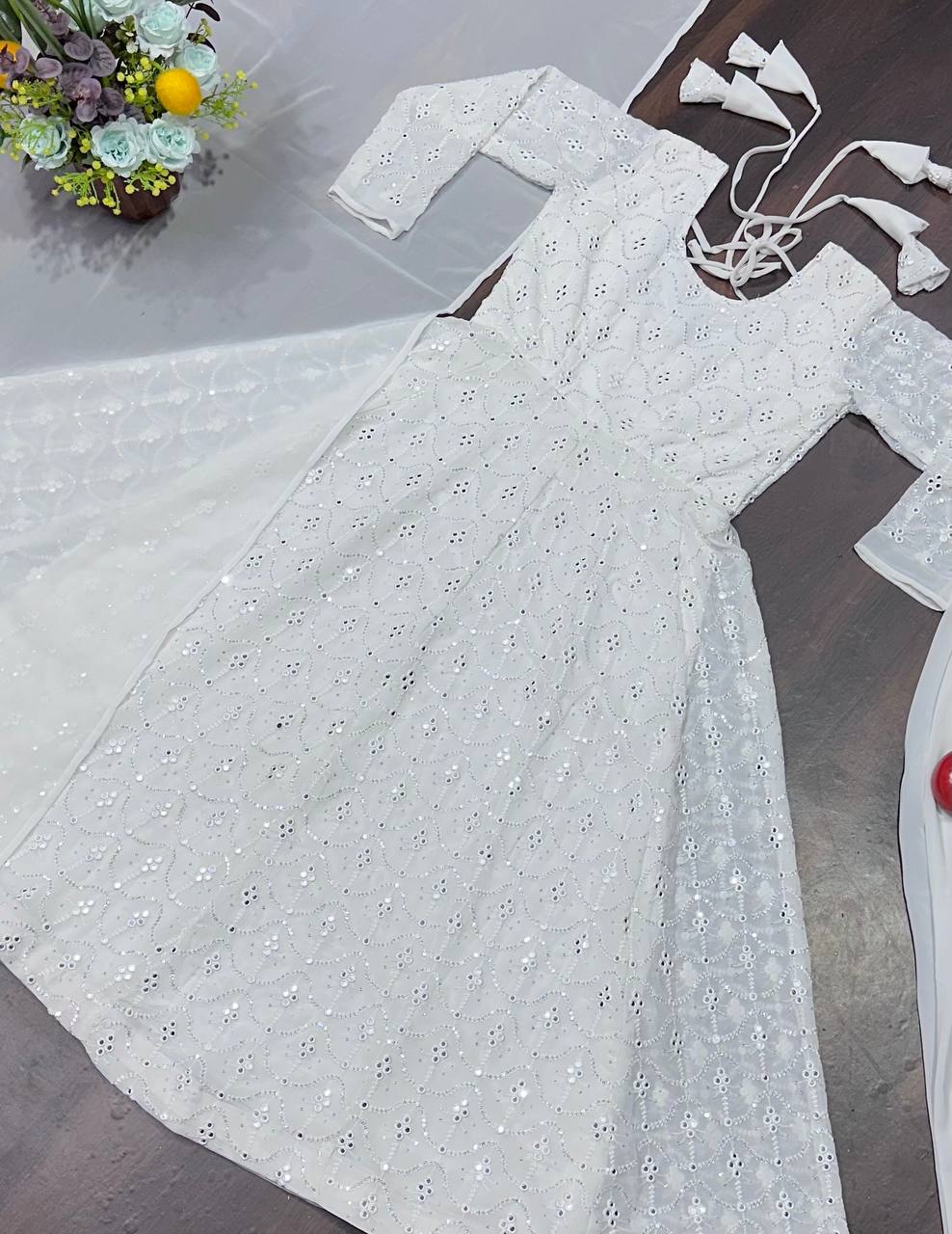 Dazzling White Color Faux Blooming With Heavy Sequins And Thread Embroidered Work Palazzo Suit
