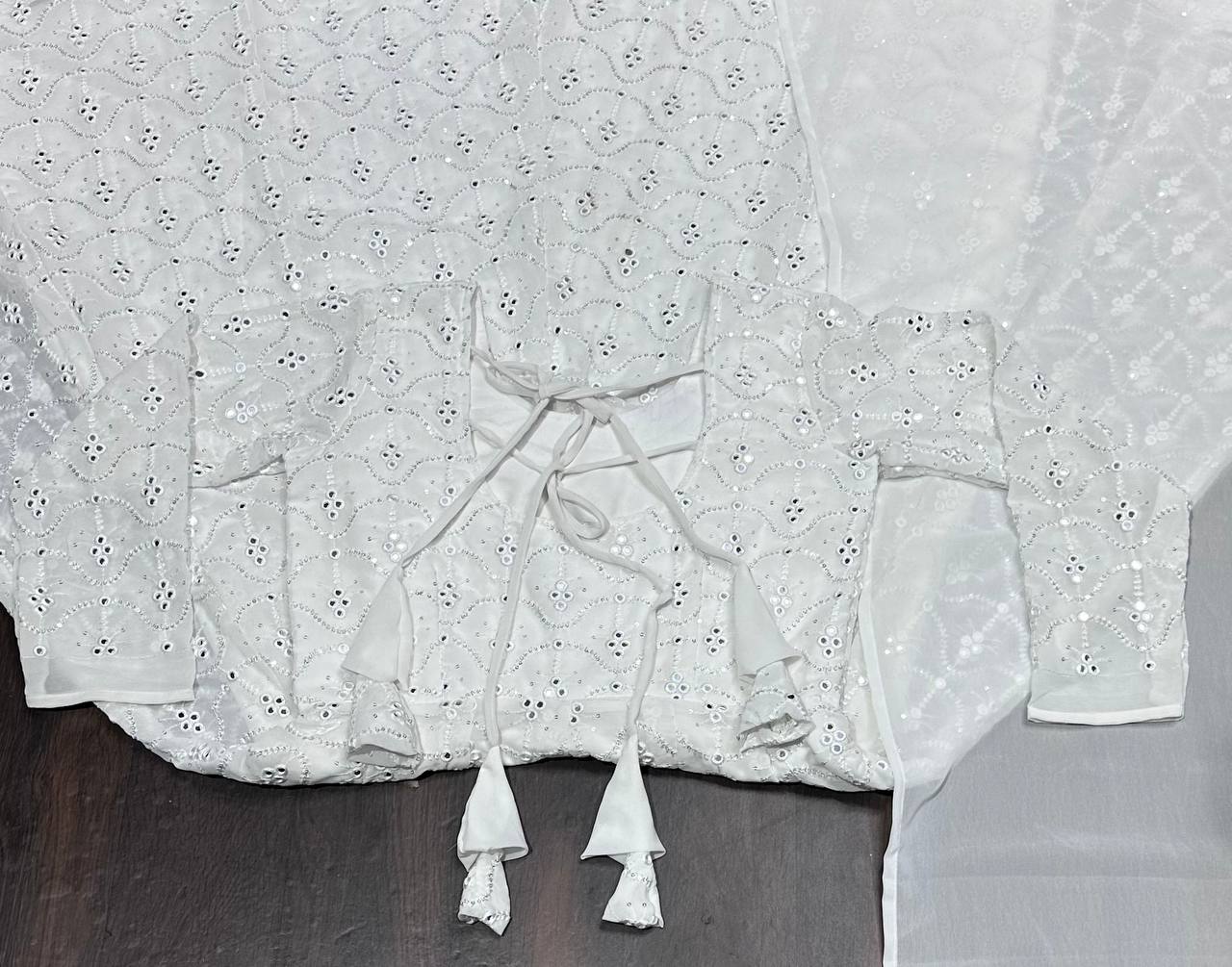 Dazzling White Color Faux Blooming With Heavy Sequins And Thread Embroidered Work Palazzo Suit
