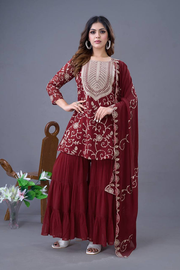 Ceremony Wear Maroon Color Heavy Georgette Embroidery Work Sharara Suit