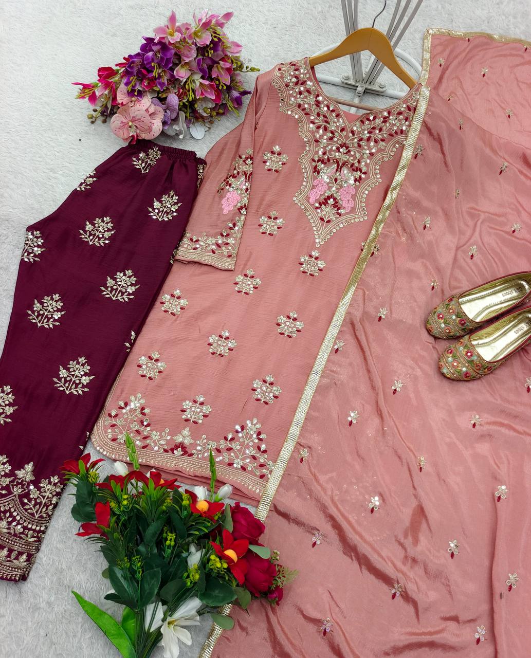 Function Wear Chocolate Color Pure Cinon Silk With Heavy Embroidery 5mm Sequence Work Salwar Suit
