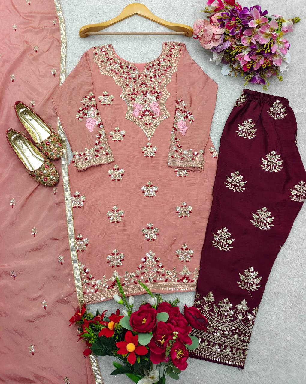 Function Wear Chocolate Color Pure Cinon Silk With Heavy Embroidery 5mm Sequence Work Salwar Suit