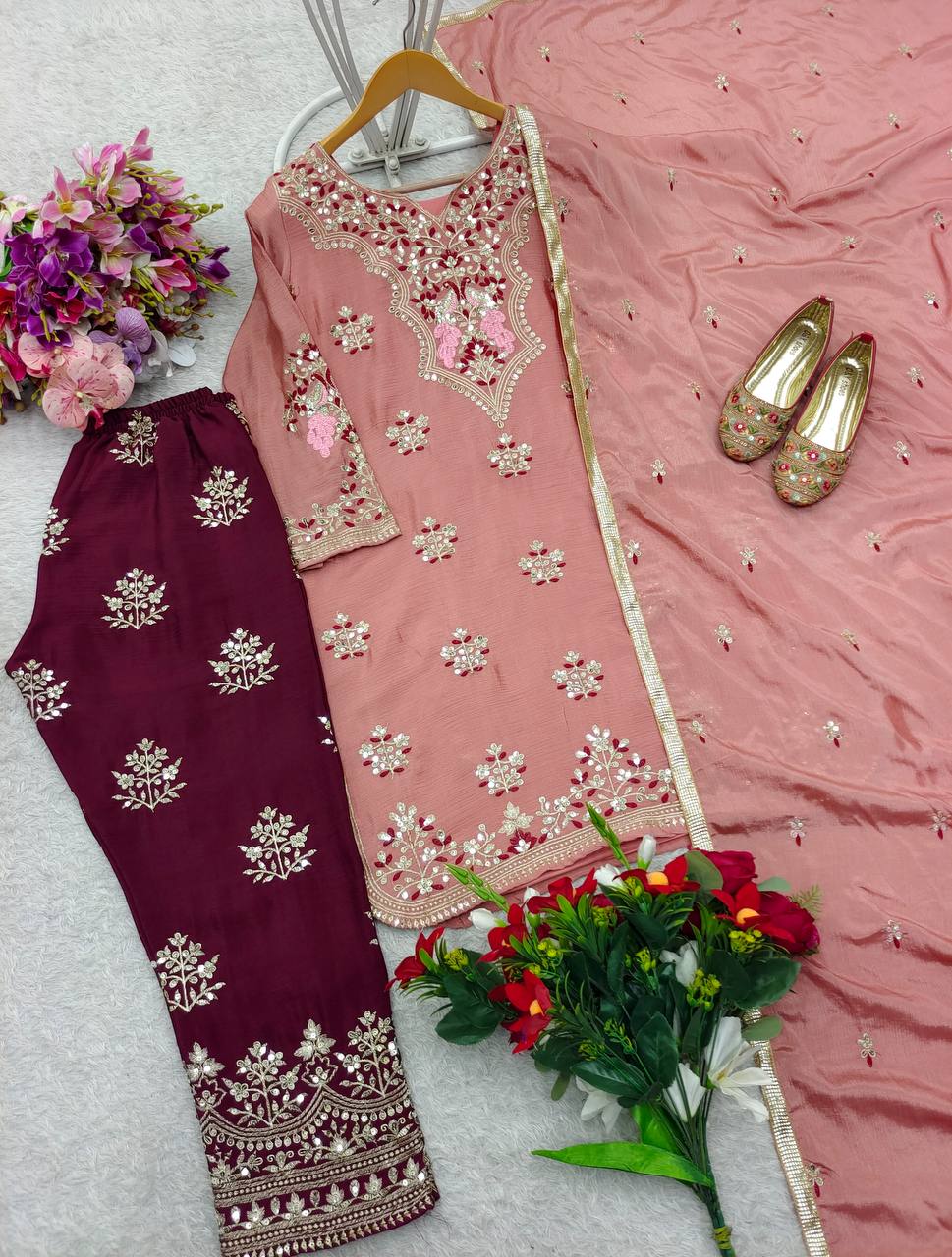 Function Wear Chocolate Color Pure Cinon Silk With Heavy Embroidery 5mm Sequence Work Salwar Suit