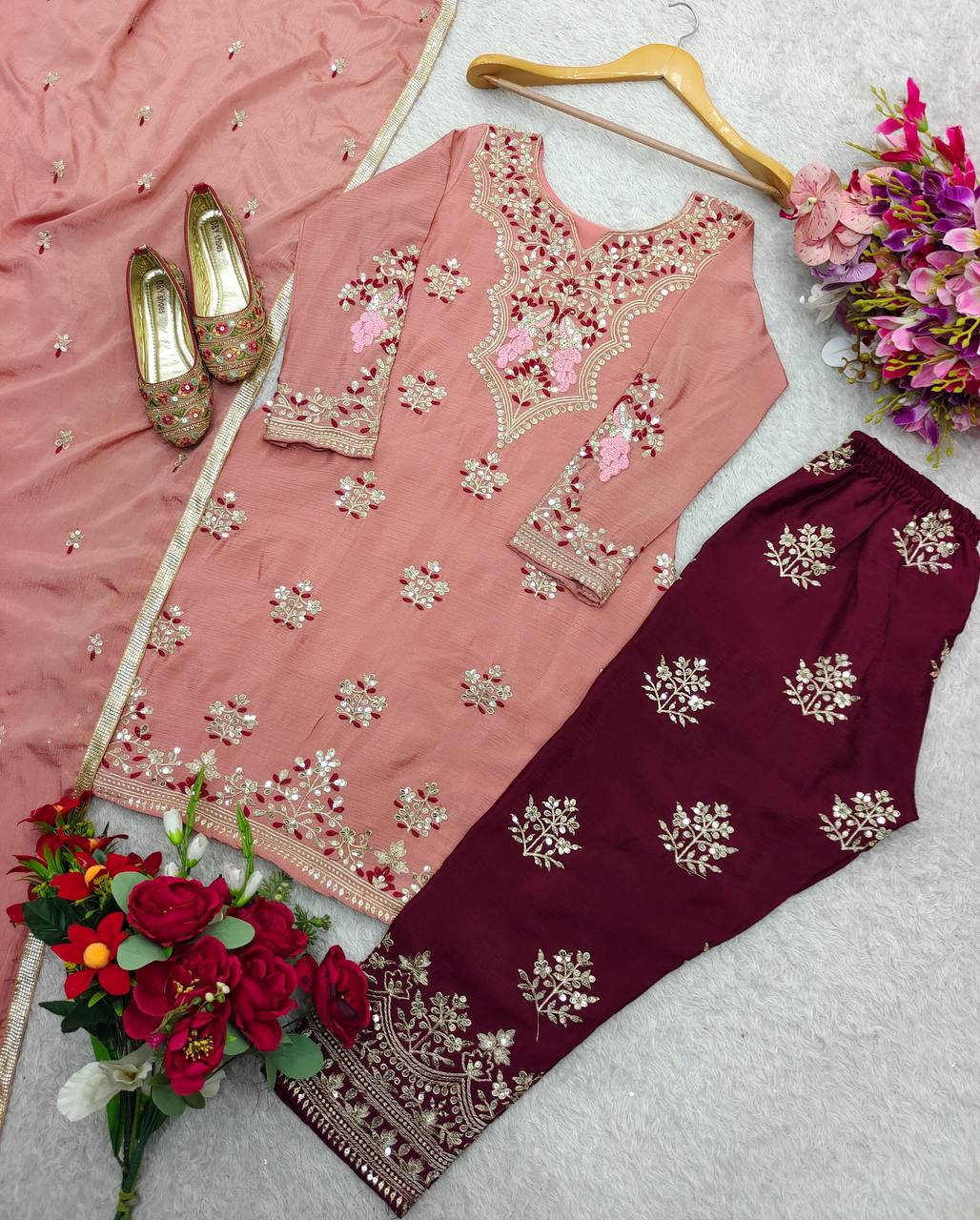 Function Wear Chocolate Color Pure Cinon Silk With Heavy Embroidery 5mm Sequence Work Salwar Suit