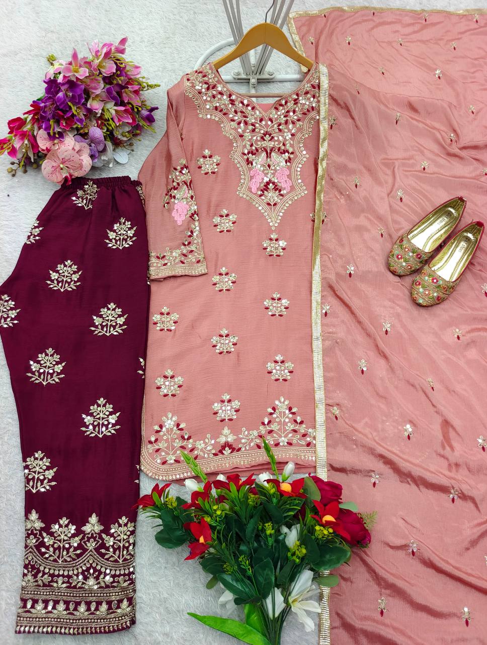 Function Wear Chocolate Color Pure Cinon Silk With Heavy Embroidery 5mm Sequence Work Salwar Suit