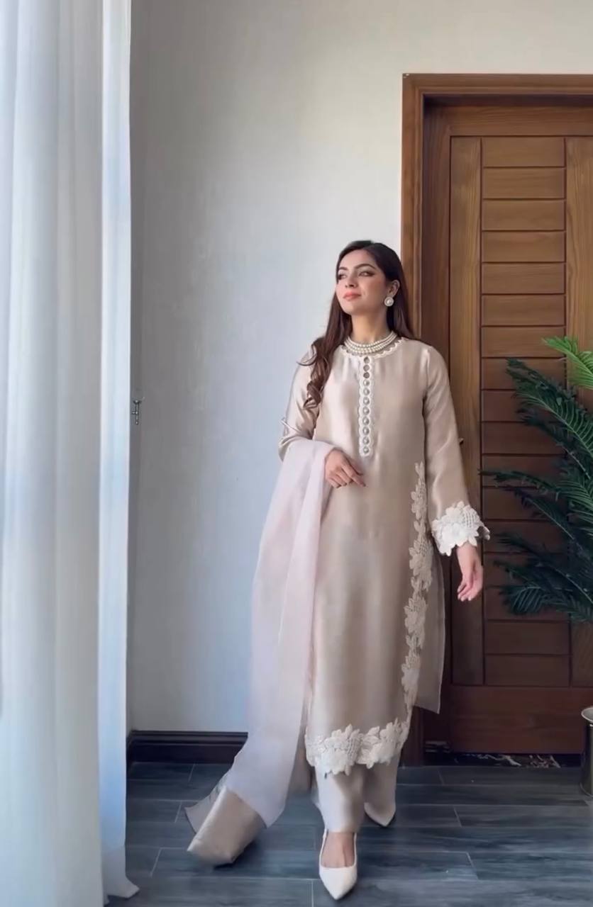 Party Wear Cream Color Heavy Natural Silk With Embroidery Work Salwar Suit