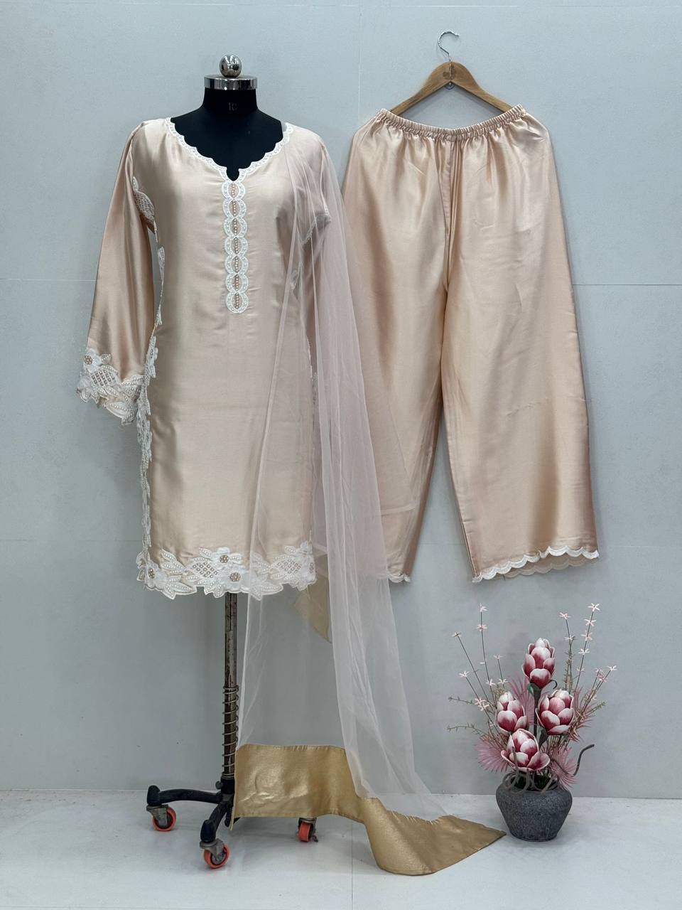 Party Wear Cream Color Heavy Natural Silk With Embroidery Work Salwar Suit