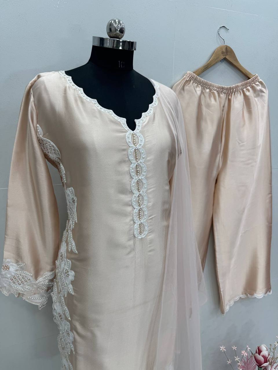 Party Wear Cream Color Heavy Natural Silk With Embroidery Work Salwar Suit