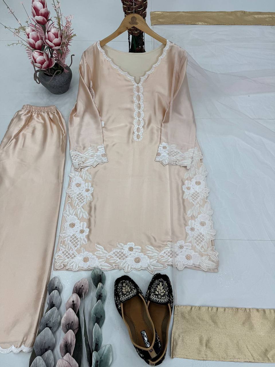 Party Wear Cream Color Heavy Natural Silk With Embroidery Work Salwar Suit