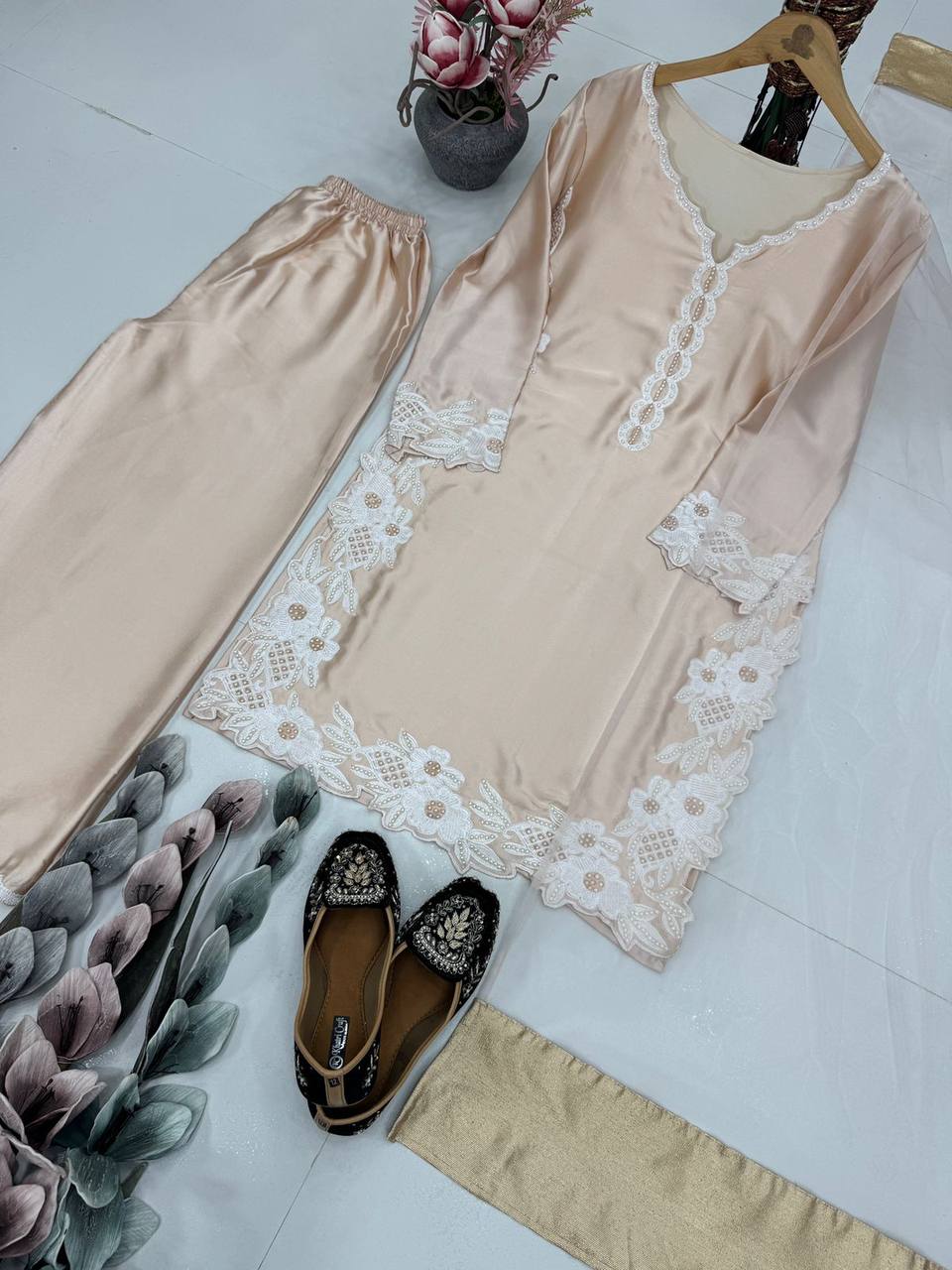 Party Wear Cream Color Heavy Natural Silk With Embroidery Work Salwar Suit