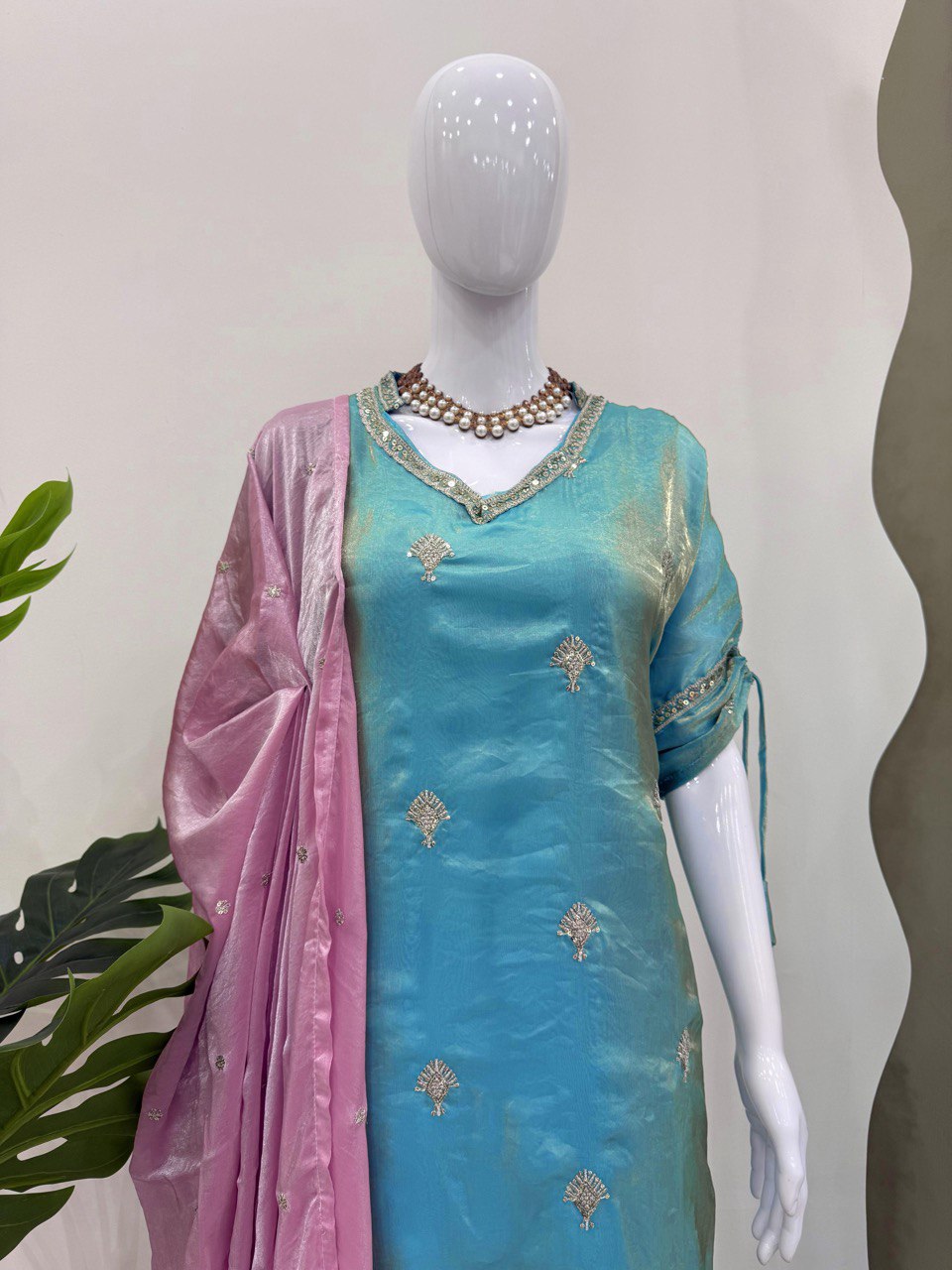 Demanding Sky Blue Color Japan Satin With Embroidery Work Salwar Suit WIth Kaftan