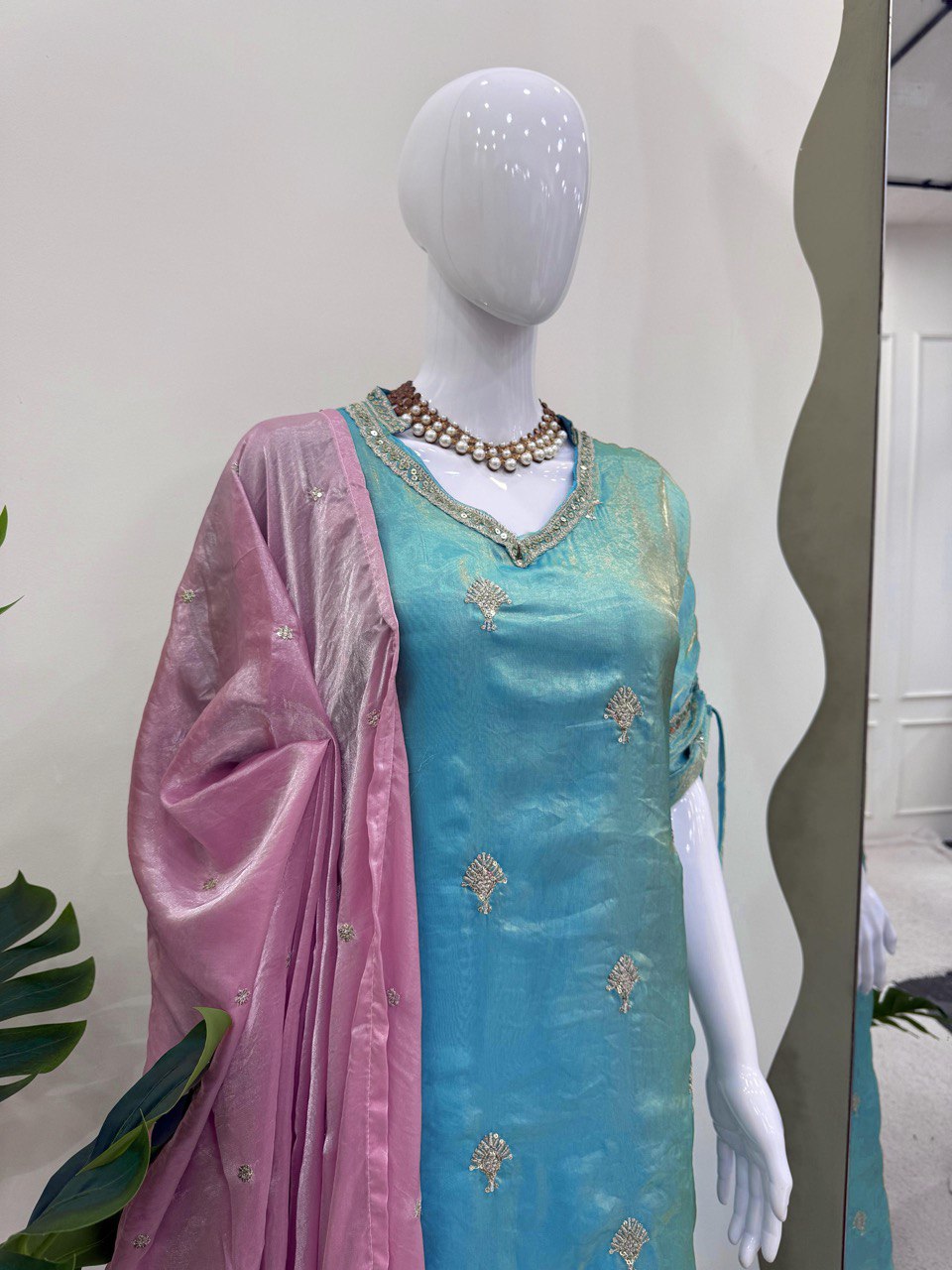 Demanding Sky Blue Color Japan Satin With Embroidery Work Salwar Suit WIth Kaftan