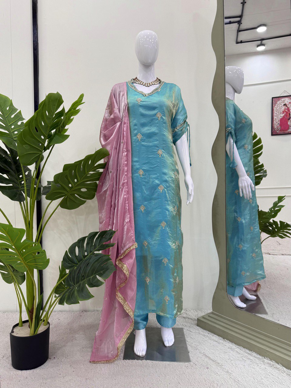 Demanding Sky Blue Color Japan Satin With Embroidery Work Salwar Suit WIth Kaftan