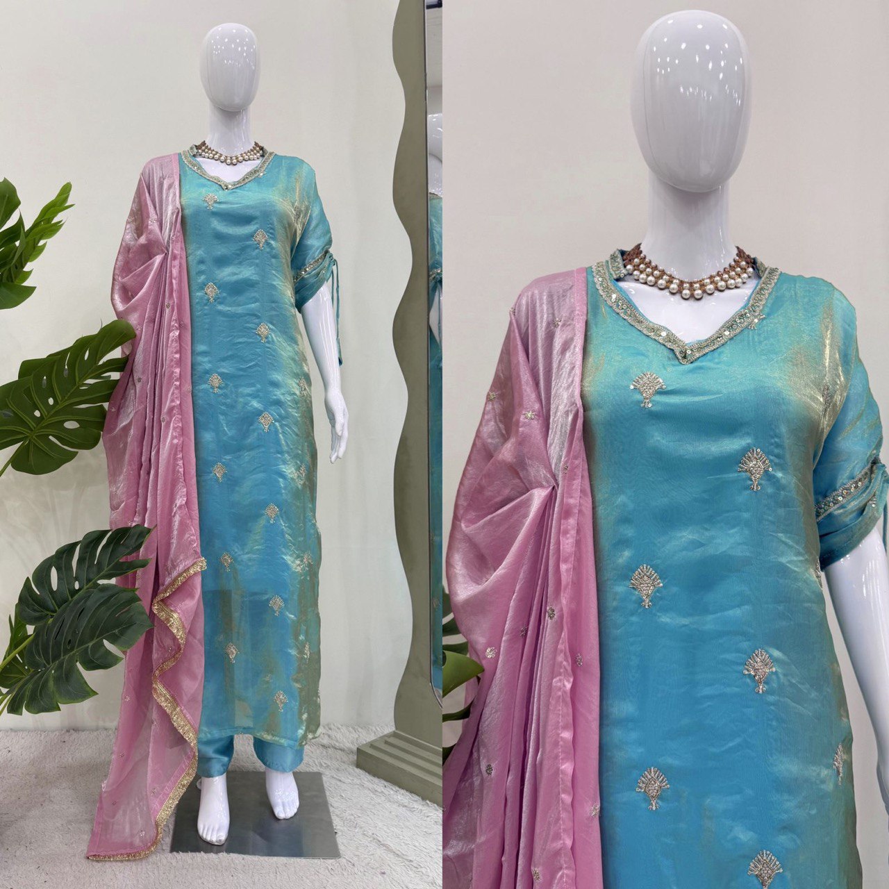 Demanding Sky Blue Color Japan Satin With Embroidery Work Salwar Suit WIth Kaftan