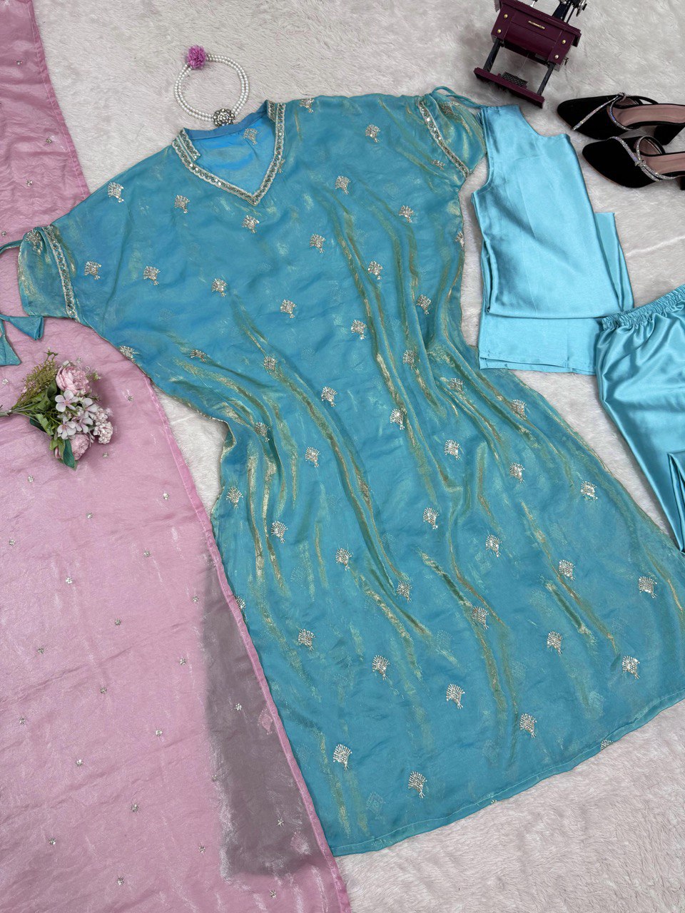 Demanding Sky Blue Color Japan Satin With Embroidery Work Salwar Suit WIth Kaftan