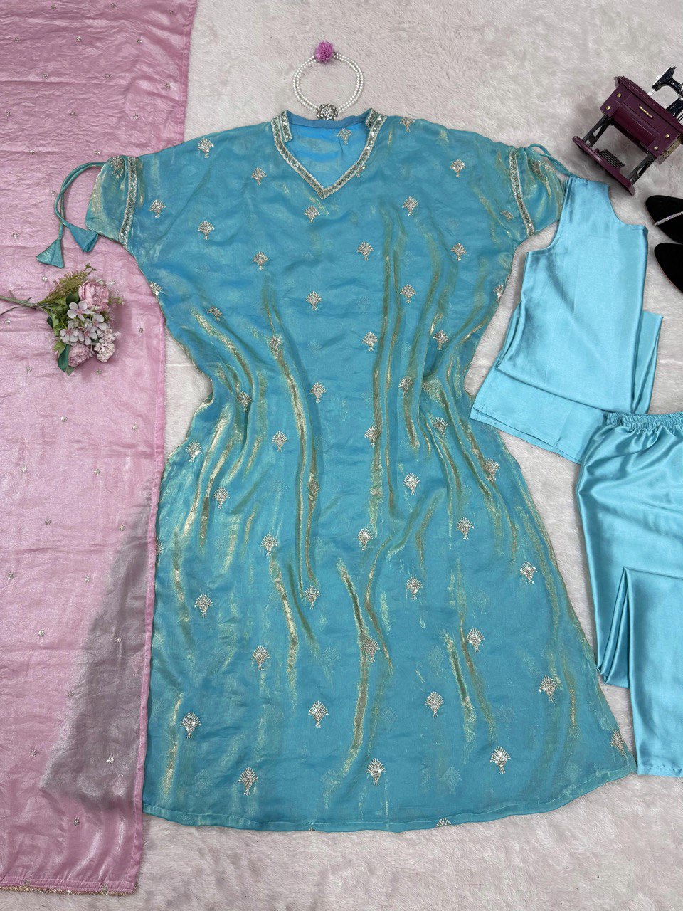 Demanding Sky Blue Color Japan Satin With Embroidery Work Salwar Suit WIth Kaftan