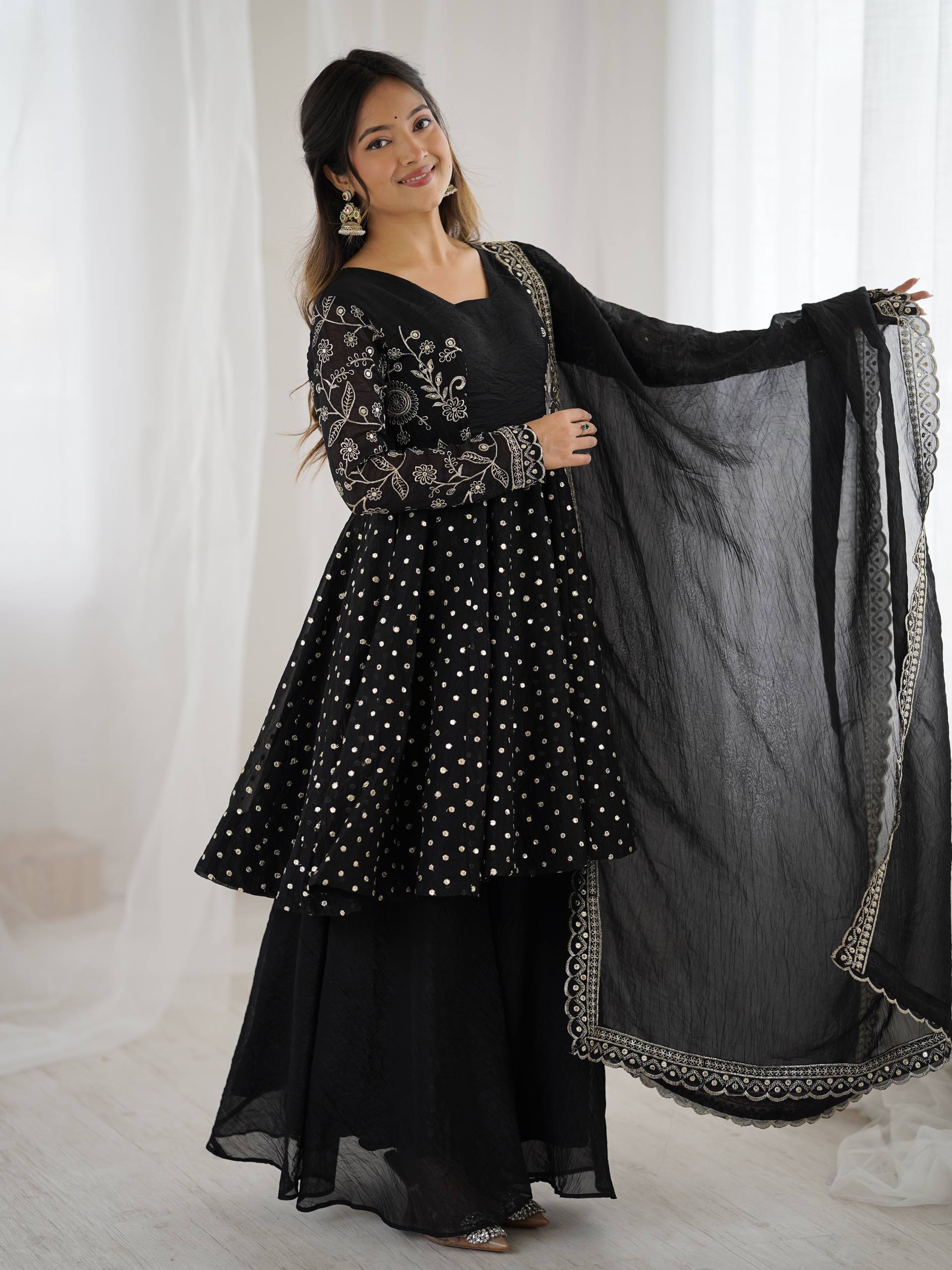 Arti Chahan's Wear Black Color Embroidered Work Sharara Suit