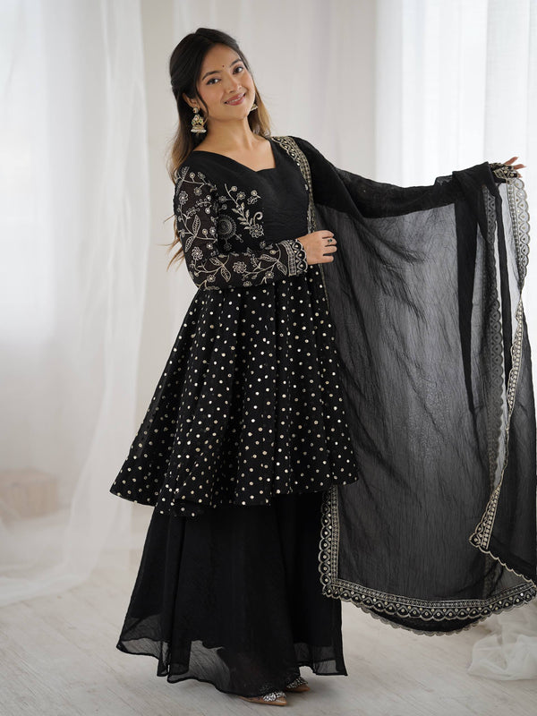 Arti Chahan's Wear Black Color Embroidered Work Sharara Suit