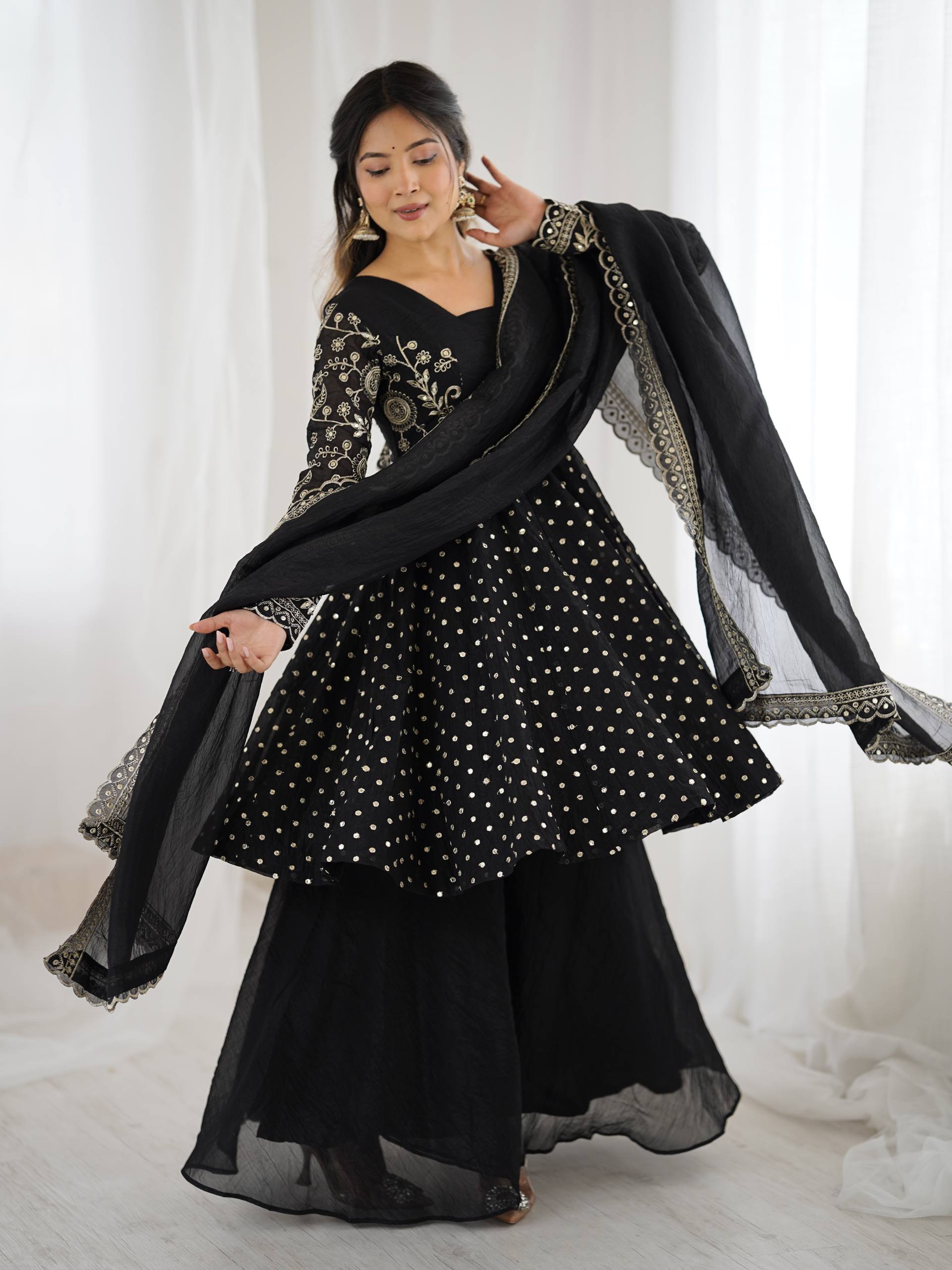 Arti Chahan's Wear Black Color Embroidered Work Sharara Suit