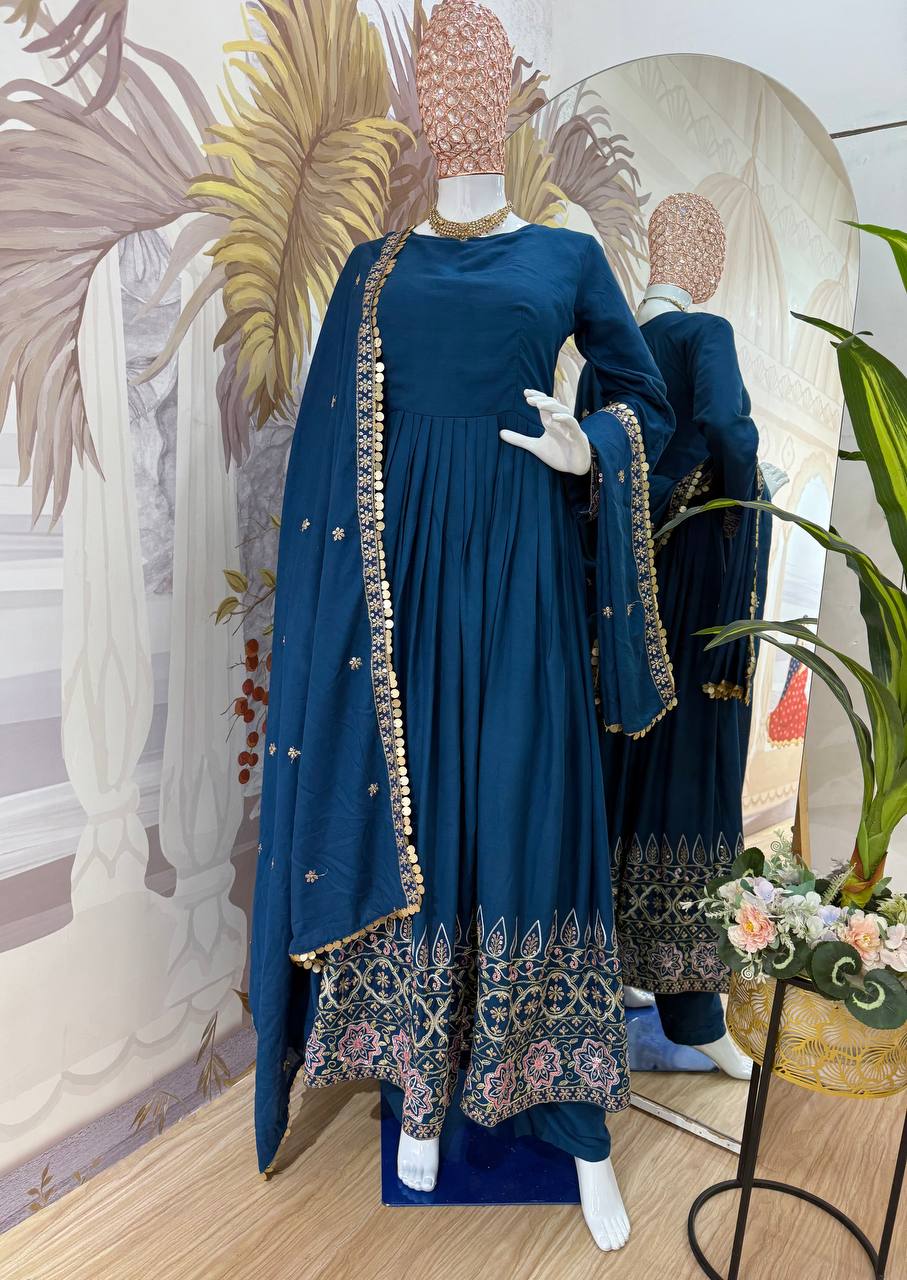 Festive Wear Teal Blue Color Embroidery Work On Daman Patta Gown With Flair