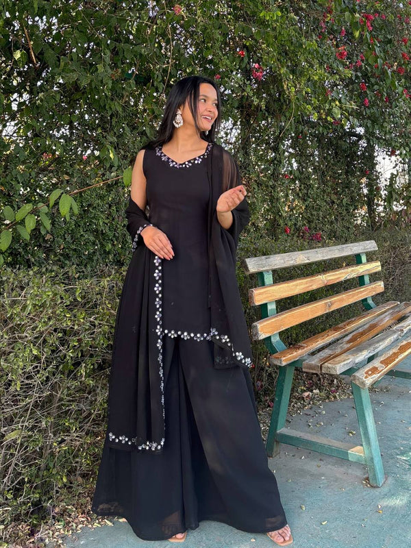 Wedding Wear Black Color Georgette Kurta With Real Mirror Work Palazzo Suit