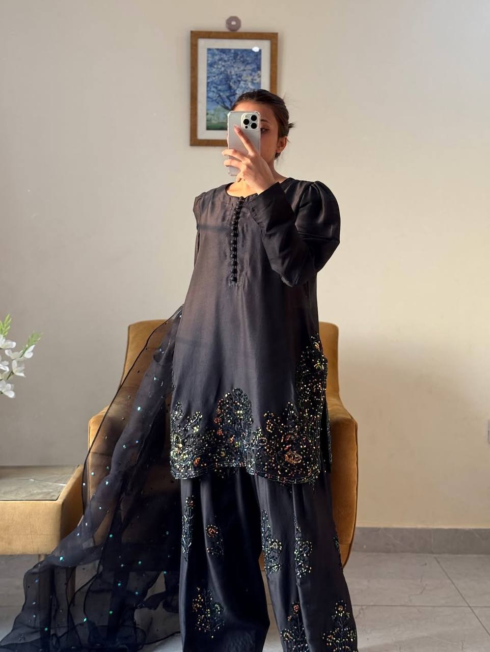 Occasion Wear Black Color Pure Natural Crep Silk With Embroidery Sequence Work Salwar Suit