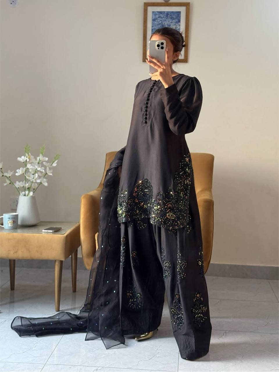 Occasion Wear Black Color Pure Natural Crep Silk With Embroidery Sequence Work Salwar Suit