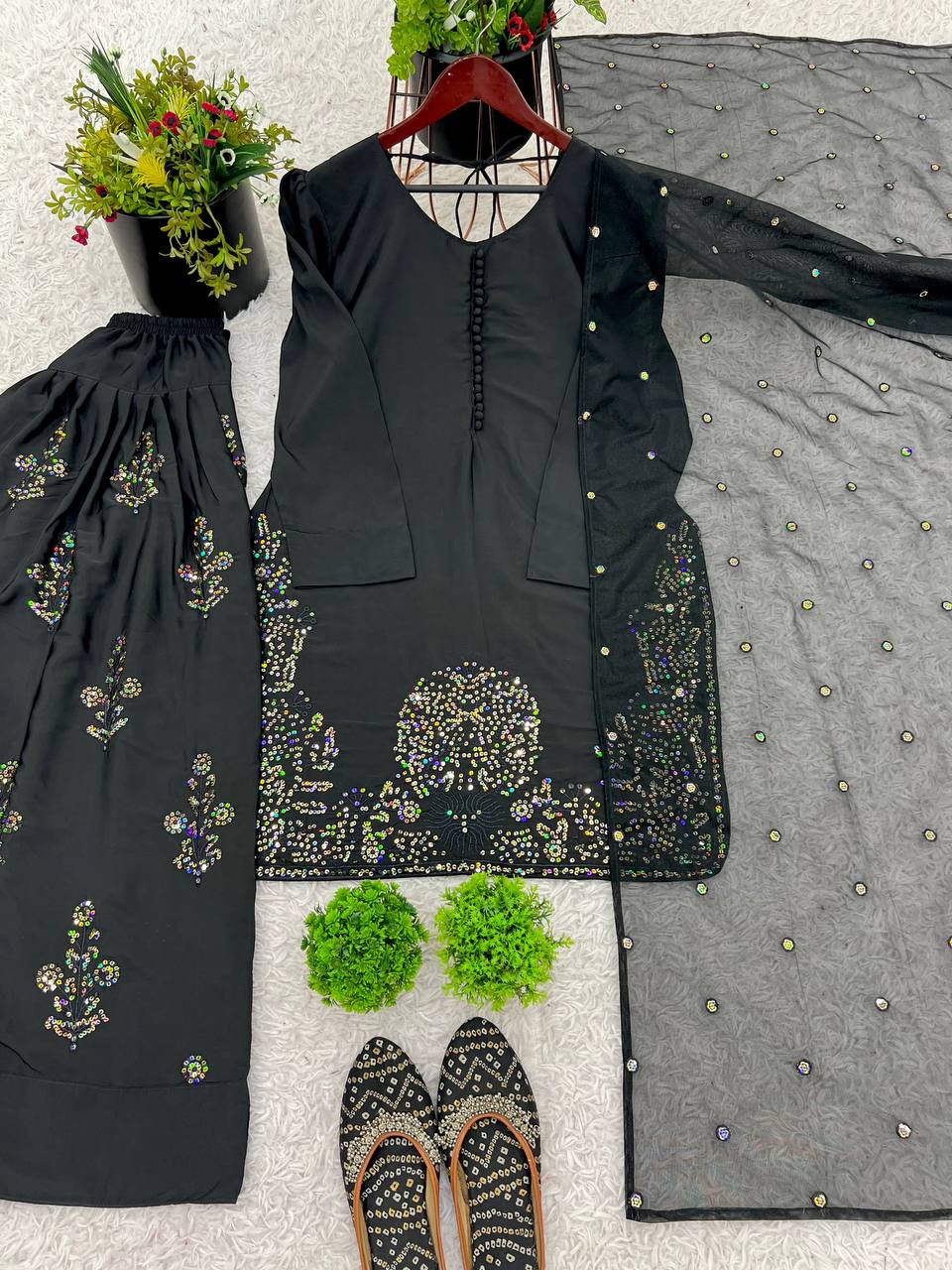 Occasion Wear Black Color Pure Natural Crep Silk With Embroidery Sequence Work Salwar Suit