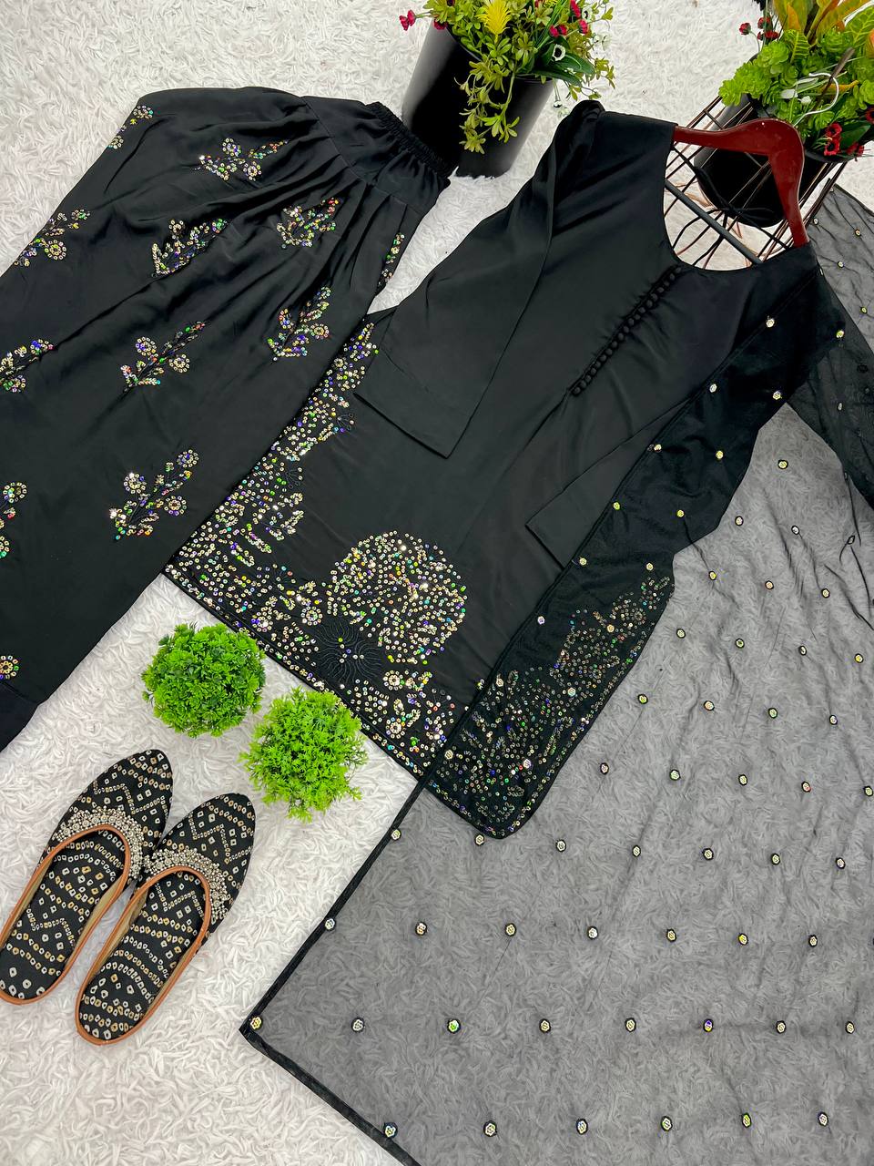 Occasion Wear Black Color Pure Natural Crep Silk With Embroidery Sequence Work Salwar Suit