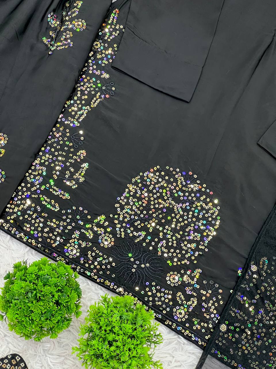 Occasion Wear Black Color Pure Natural Crep Silk With Embroidery Sequence Work Salwar Suit