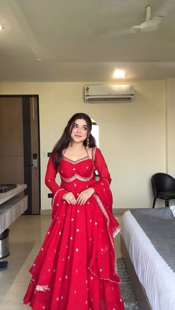 Neha's Red Color Faux Georgette Anarkali Gown Set