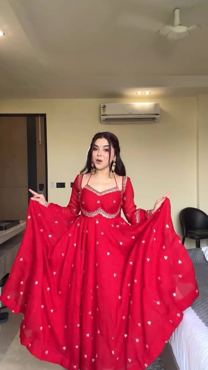 Neha's Red Color Faux Georgette Anarkali Gown Set