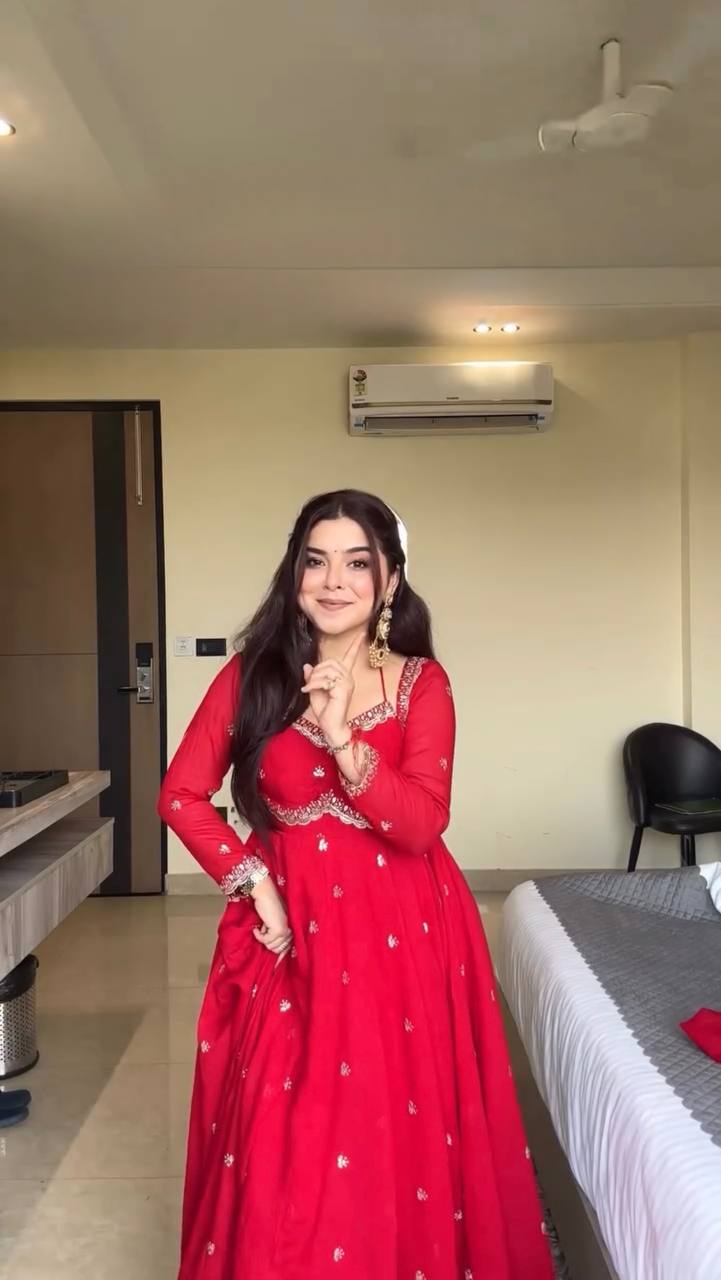 Neha's Red Color Faux Georgette Anarkali Gown Set