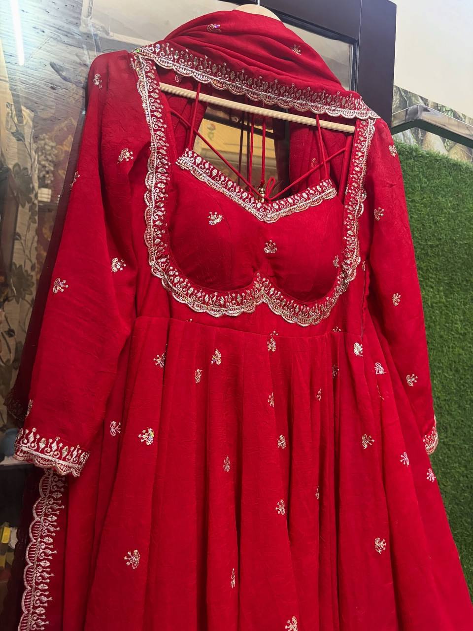 Neha's Red Color Faux Georgette Anarkali Gown Set